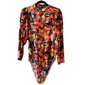 Multicolor Butterfly Print Mesh Mock Neck Long Sleeve Body Suit Size L